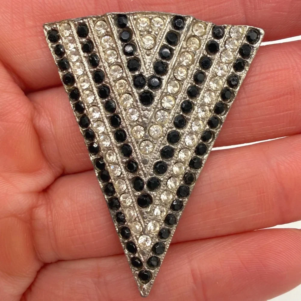 Vintage Signed TARA Black Clear Rhinestone Triangle Brooch